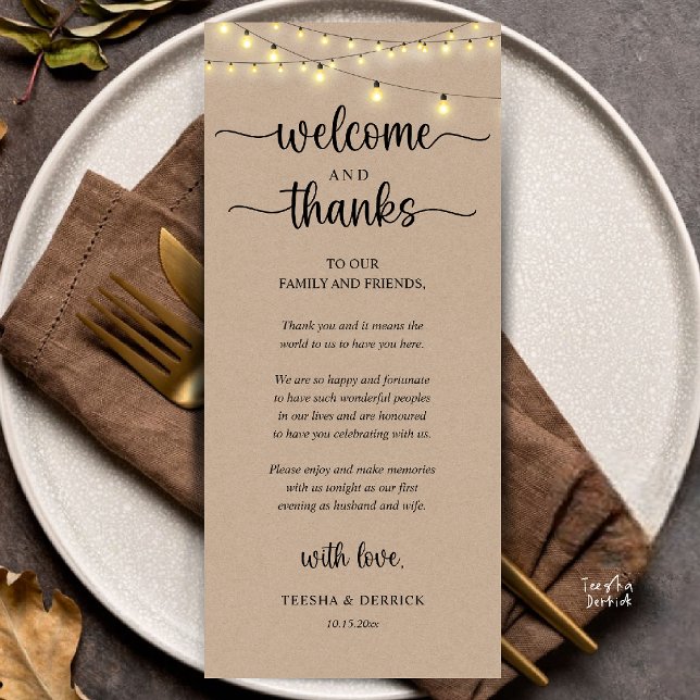 "Welcome and Thanks" Rustic Reception Guest Card ("Welcome and Thanks" Rustic Reception dinner Guest thank you Card in string lights brown kraft)