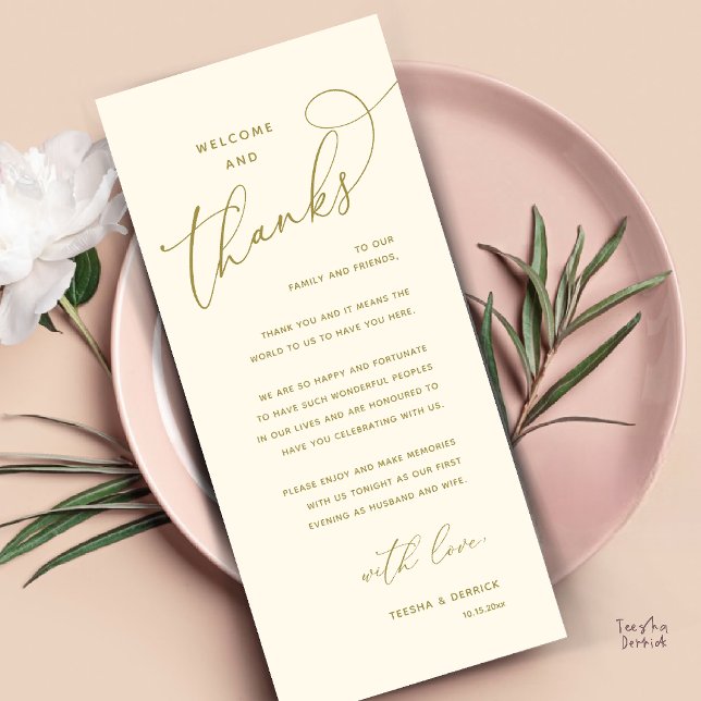Welcome and Thanks, Wedding Dinner Thank You Card (Welcome and Thanks, Happily Ever After Modern Wedding Dinner Thank You Card in Classy Yellow Gold)