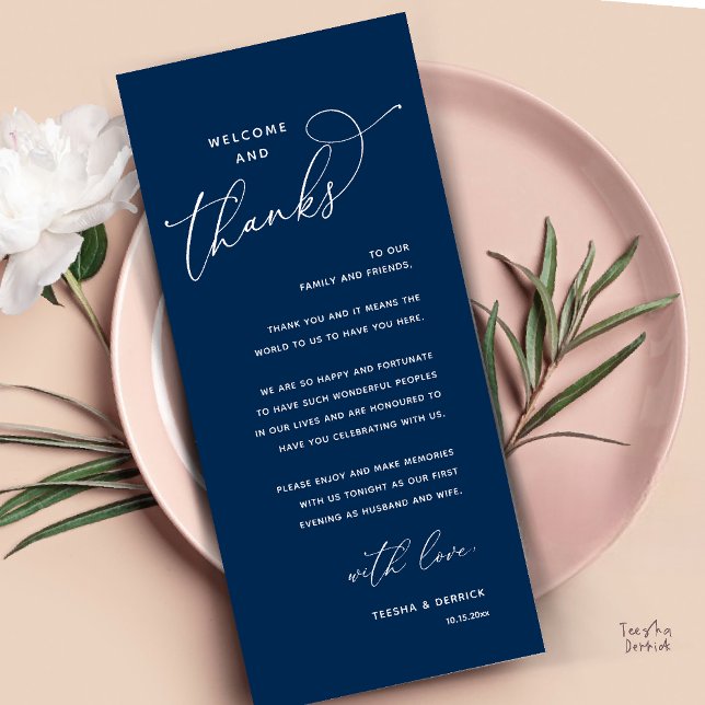 Welcome and Thanks, Wedding Dinner Thank You Card (Welcome and Thanks, Happily Ever After Modern Wedding Dinner Thank You Card in Classy Navy Blue)