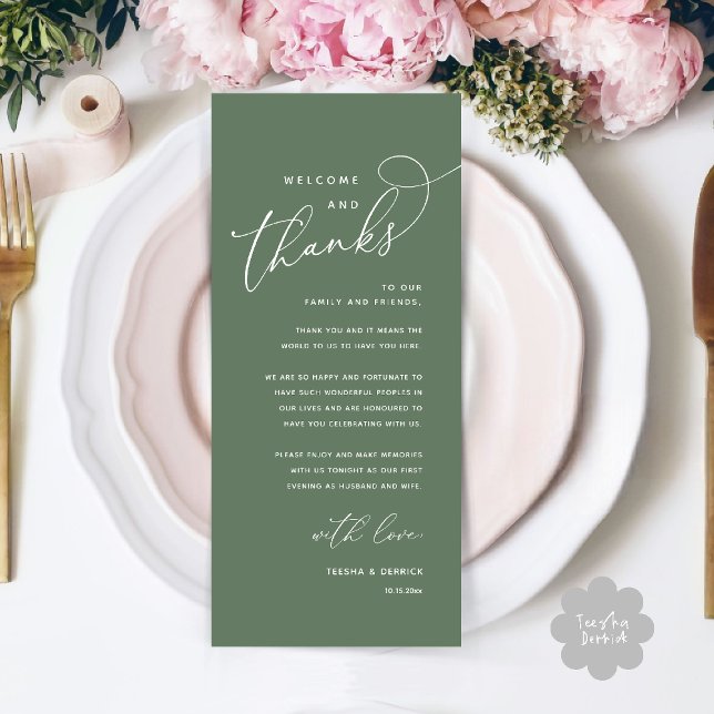 Welcome and Thanks, Wedding Dinner Thank You Card (Welcome n Thanks Wedding Reception Dinner Brunch Lunch Thank You Card in Sage Green)