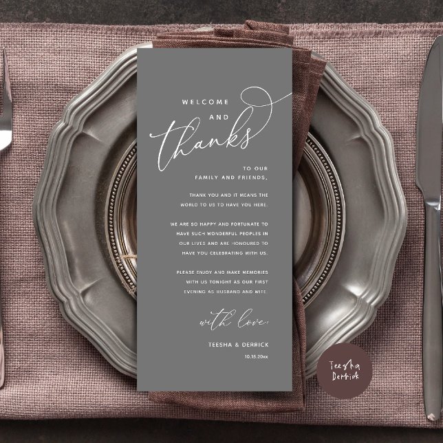 Welcome and Thanks, Wedding Dinner Thank You Card (Welcome n Thanks Wedding Reception Dinner Brunch Lunch Thank You Card in Dark Grey)