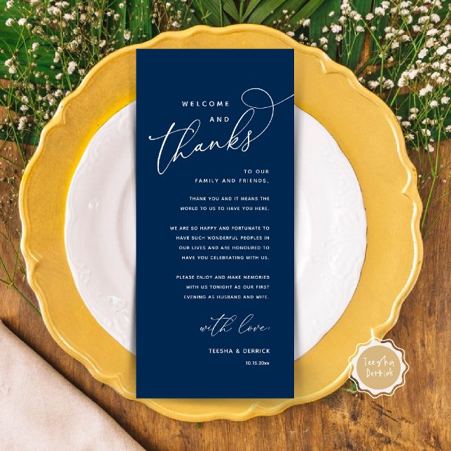 Welcome and Thanks, Wedding Dinner Thank You Card (Welcome n Thanks Wedding Reception Dinner Brunch Lunch Thank You Card in Navy Blue)