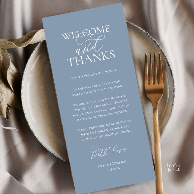 Welcome and Thanks Wedding Dinner Thank You Card (Welcome and Thanks Wedding Reception Dinner Thank You Card in Dusty Blue)