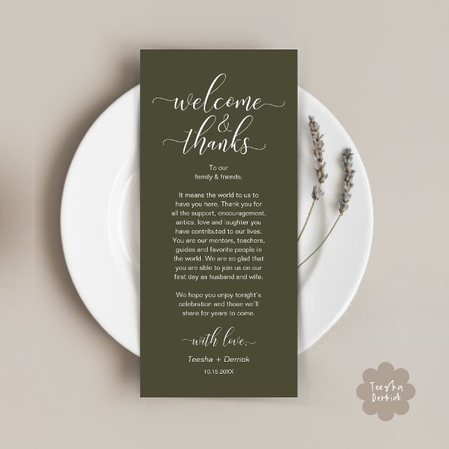 Welcome and Thanks Wedding Place Setting Card (Modern Wedding Dinner Brunch Lunch Table Place Setting Thank You Card in Rustic Olive Green Greenery)