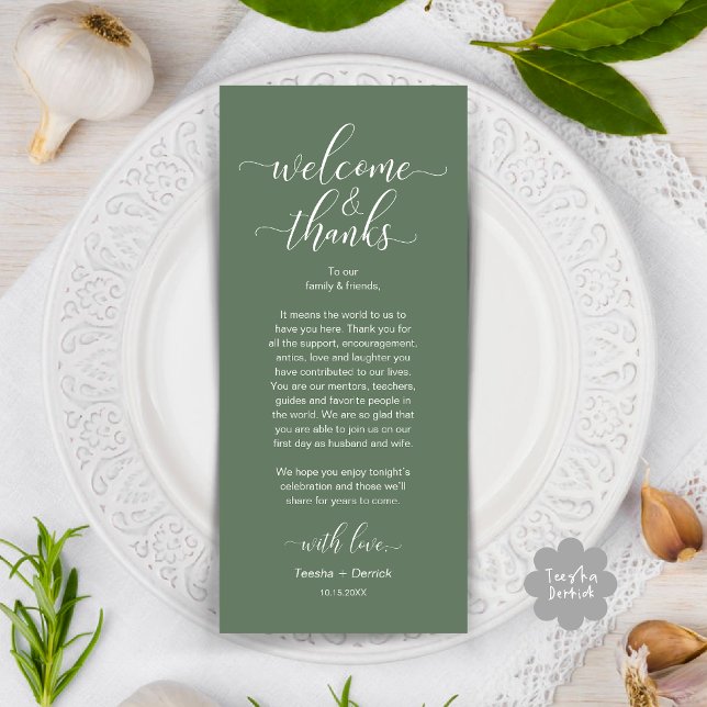 Welcome and Thanks Wedding Place Setting Card (Modern Wedding Dinner Brunch Lunch Table Place Setting Thank You Card in Rustic Sage Green Greenery)