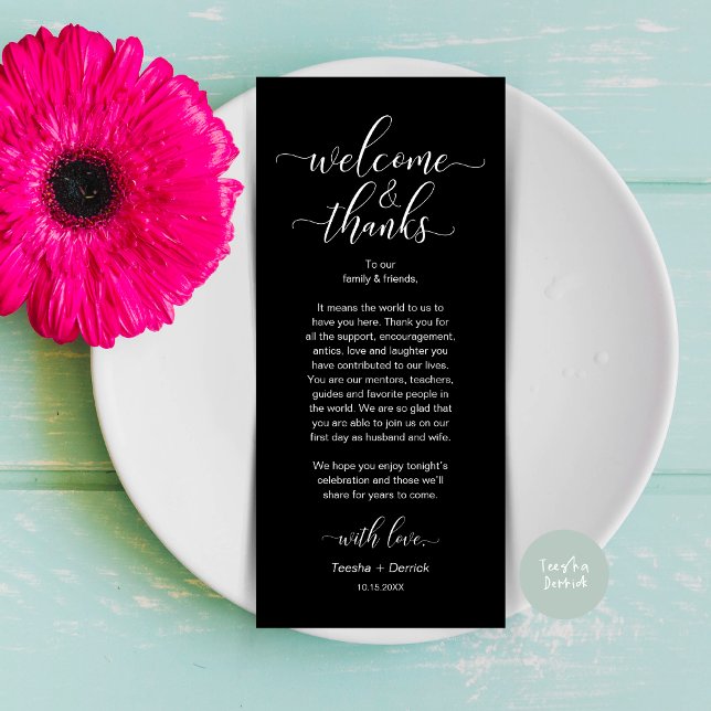 Welcome and Thanks Wedding Place Setting Card (Modern Wedding Dinner Brunch Lunch Table Place Setting Thank You Card in Classy Black White)