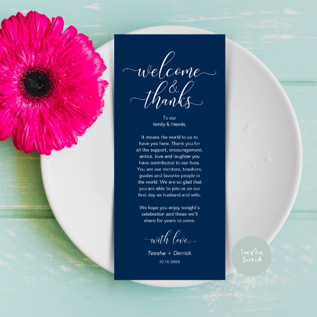 Welcome and Thanks Wedding Place Setting Card (Modern Wedding Dinner Brunch Lunch Table Place Setting Thank You Card in Classy Navy Blue)