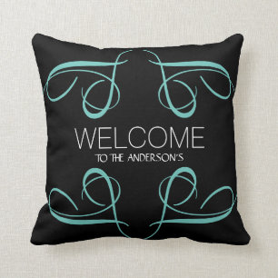 Welcome Any Family Name Black Teal Swirls Throw Pillow