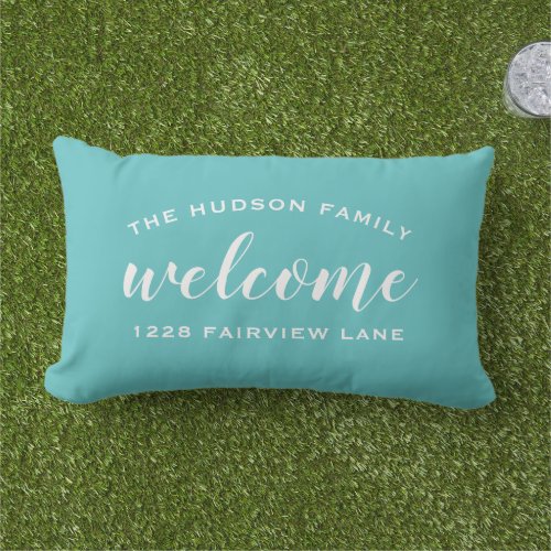 Welcome Aqua Blue Personalized Family Name Address Lumbar Pillow