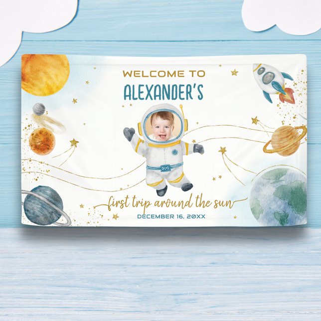 Welcome Around the Sun Space Photo First Birthday Banner (Creator Uploaded)