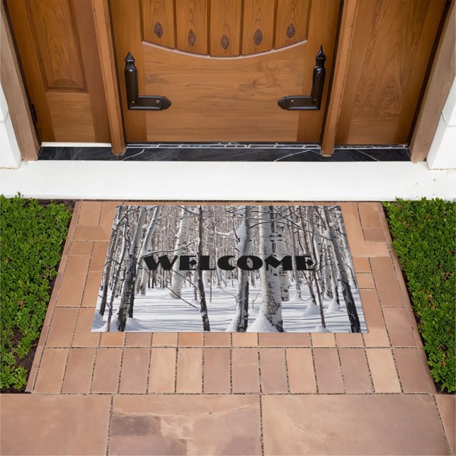 Welcome Aspens Trunks Snow Blend Photograph Doormat (Outdoor)