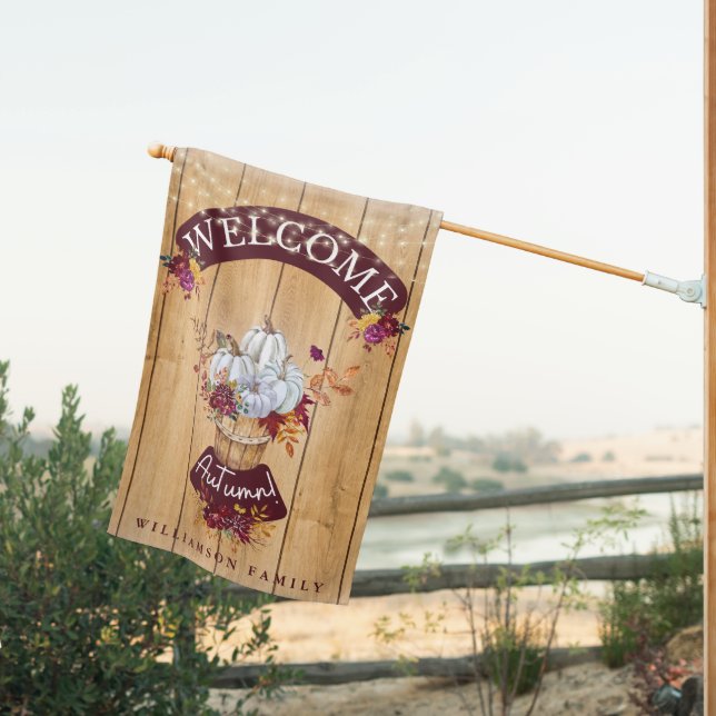 Welcome Autumn Burgundy Floral Pumpkin Monogram House Flag (Insitu (Back))