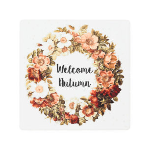 Welcome Autumn Country Floral Wreath Metal Print