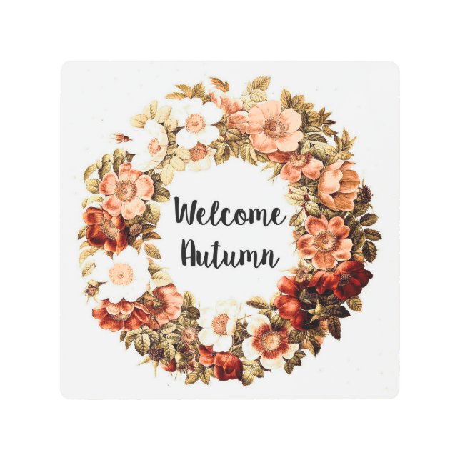 Welcome Autumn Country Floral Wreath Metal Print (Front)