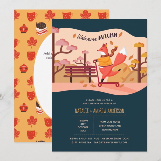Welcome Autumn Cozy Fox Folk Art Baby Shower Invitation (Front/Back)