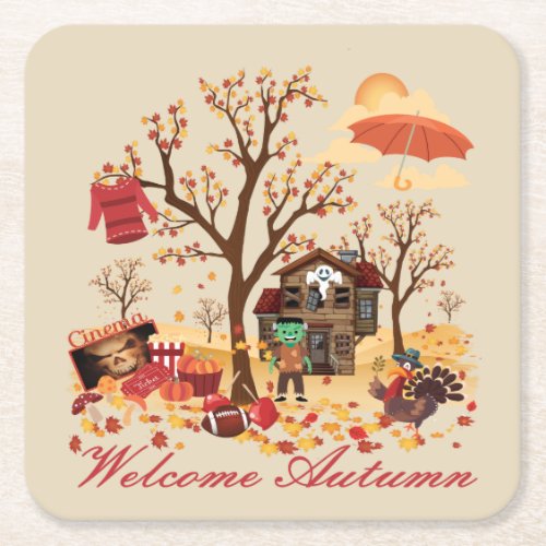 Welcome Autumn Fall Elements and Scenery Square Paper Coaster