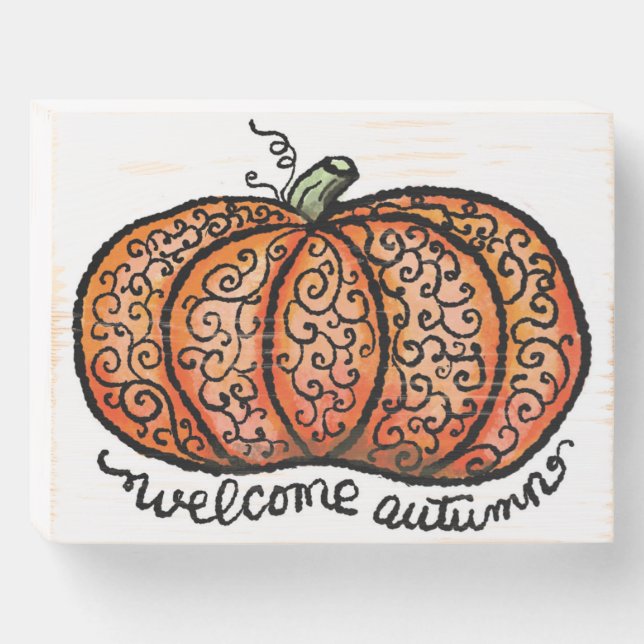 Welcome Autumn filigree pumpkin Wooden Box Sign (Front Horizontal)