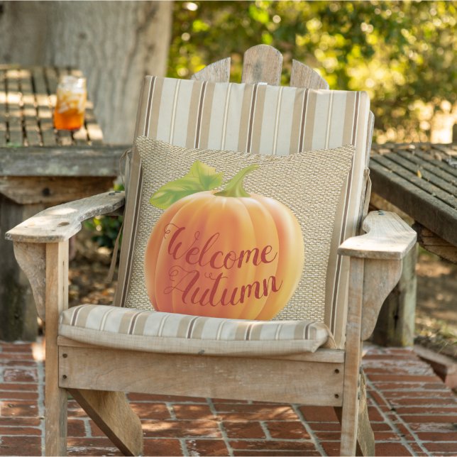 Welcome Autumn Harvest Pumpkin On Faux Jute Burlap Outdoor Pillow (Chair)
