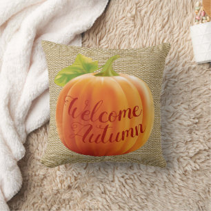 Welcome Autumn Harvest Pumpkin On Faux Jute Burlap Throw Pillow