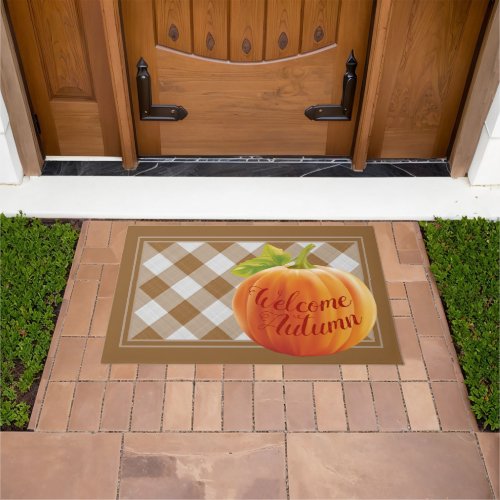 Welcome Autumn Harvest Pumpkin On Gingham Doormat