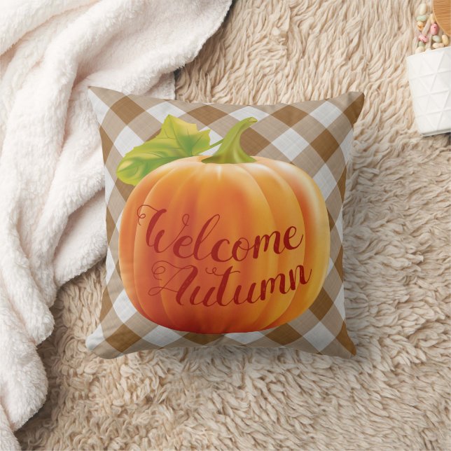 Welcome Autumn Harvest Pumpkin On Gingham Throw Pillow (Blanket)