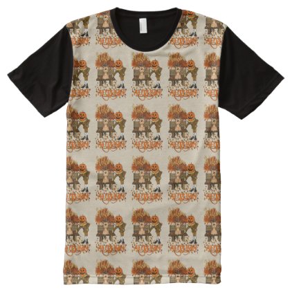 Welcome Autumn Pumpkin Head Pilgrim and Cat All-Over-Print Shirt