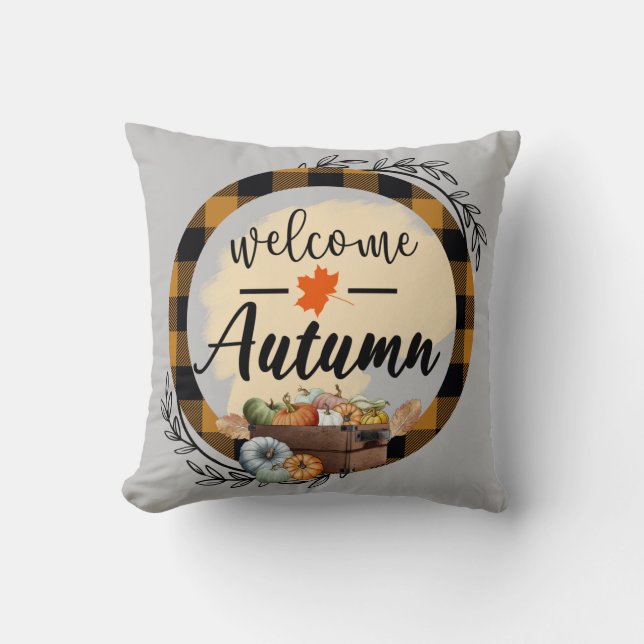 Welcome Autumn Pumpkin Vintage Cotton 16"X16 Throw Pillow (Front)