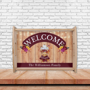 Welcome Autumn Rustic Fall Floral Pumpkin Monogram Serving Tray