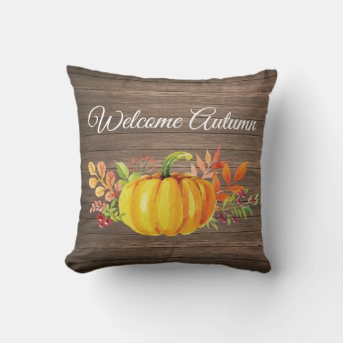 Welcome Autumn Rustic Watercolor Pumpkin Throw Pillow