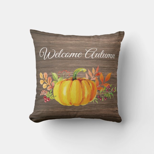 Welcome Autumn Rustic Watercolor Pumpkin Throw Pillow (Front)