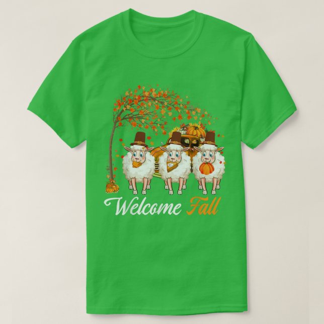 Welcome Autumn Tree Three Sheep Farmer Pumpkins Pi T-Shirt (Design Front)