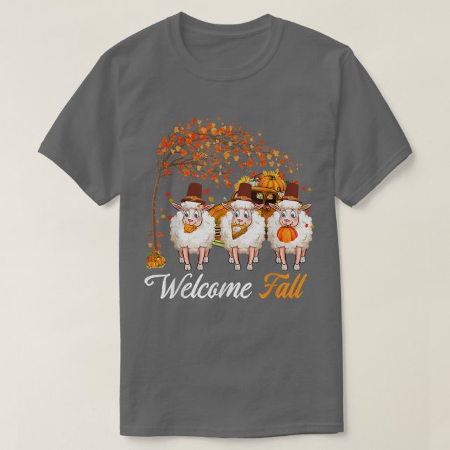 Welcome Autumn Tree Three Sheep Farmer Pumpkins Pi T-Shirt (Design Front)