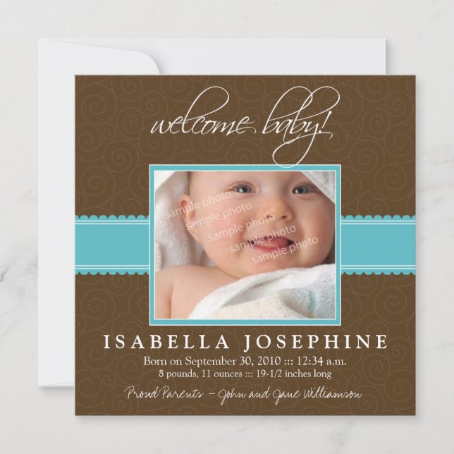 Welcome Baby! Aqua Ribbon Birth Announcement (Front)