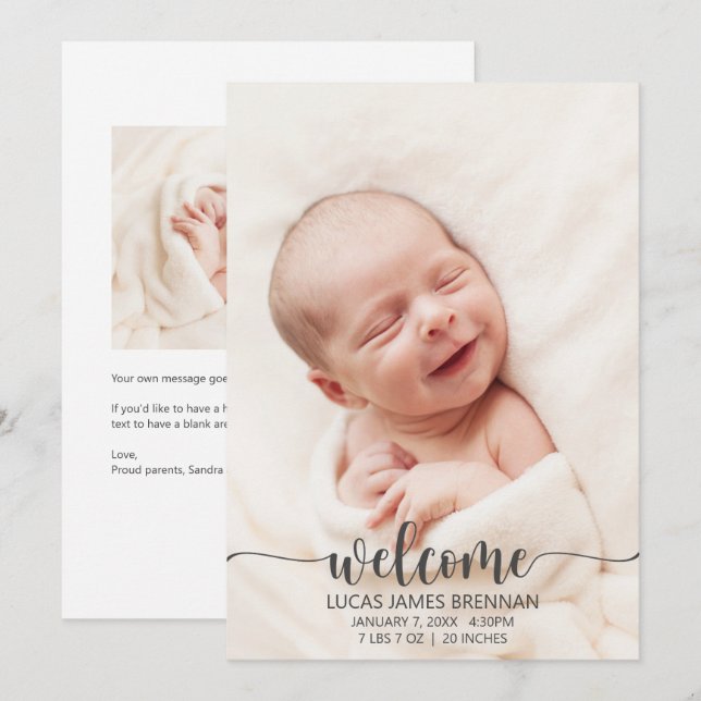 Welcome Baby Birth Announcement Photo Card (Front/Back)