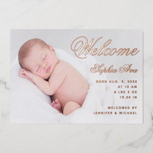 Welcome Baby Birth Photo Elegant Script Rose Gold  Foil Invitation