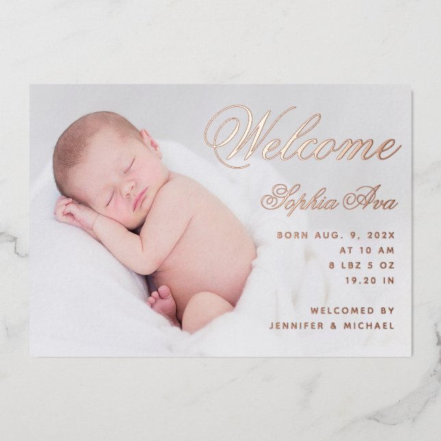 Welcome Baby Birth Photo Elegant Script Rose Gold  Foil Invitation (Front)