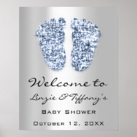 Welcome Baby Blue  Feet Baby Shower Boy Silver Poster