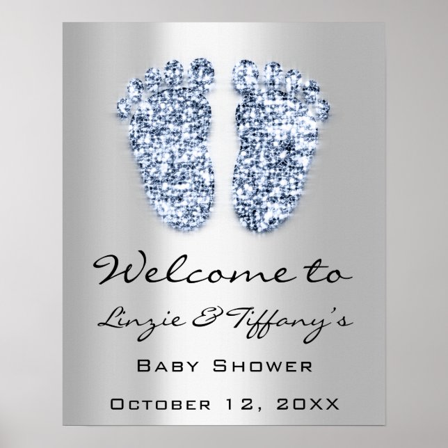 Welcome Baby Blue  Feet Baby Shower Boy Silver Poster (Front)