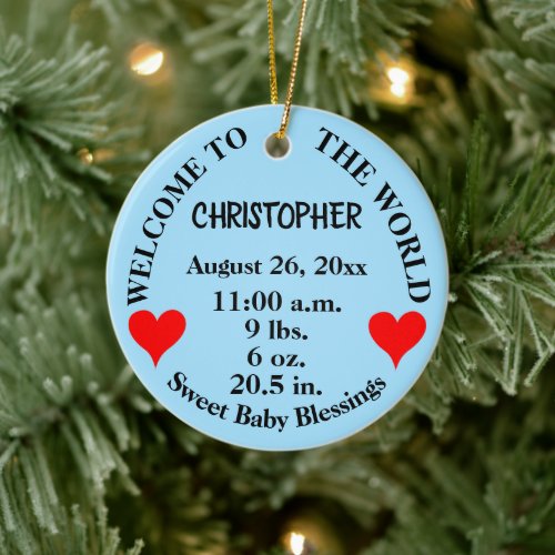 Welcome Baby Blue Rattle Birth Stats Name Ceramic Ornament