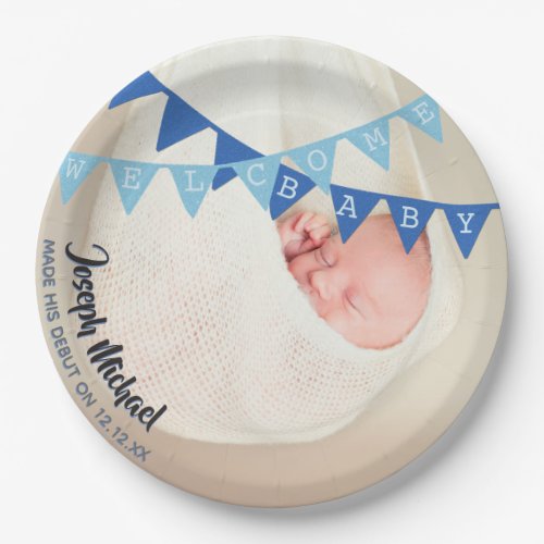 Welcome Baby Boy Banners Photo Dated Personalized Paper Plates