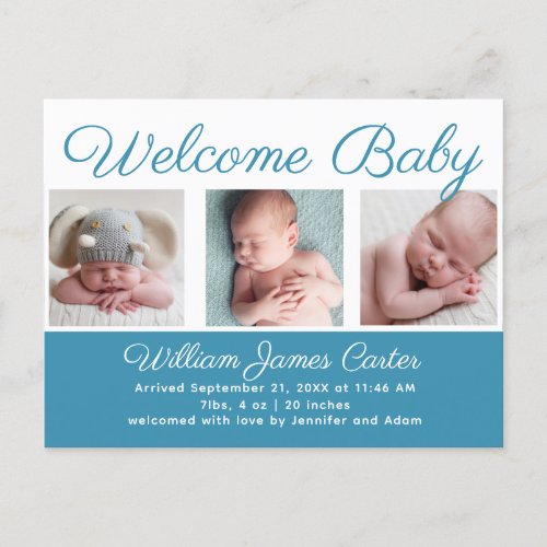 Welcome Baby Boy Blue Cute Newborn Photo Birth Postcard