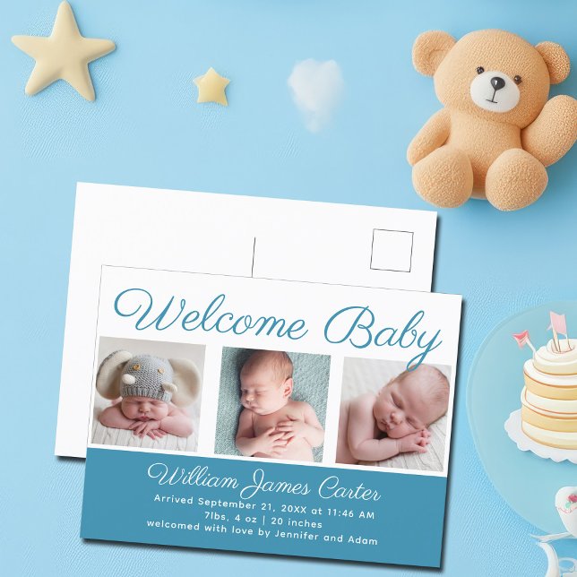 Welcome Baby Boy Blue Cute Newborn Photo Birth Postcard (Creator Uploaded)