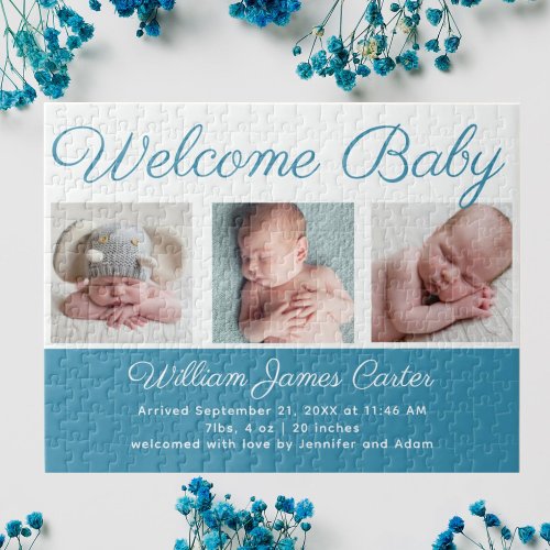 Welcome Baby Boy Blue Cute Newborn Photo Gift Jigsaw Puzzle