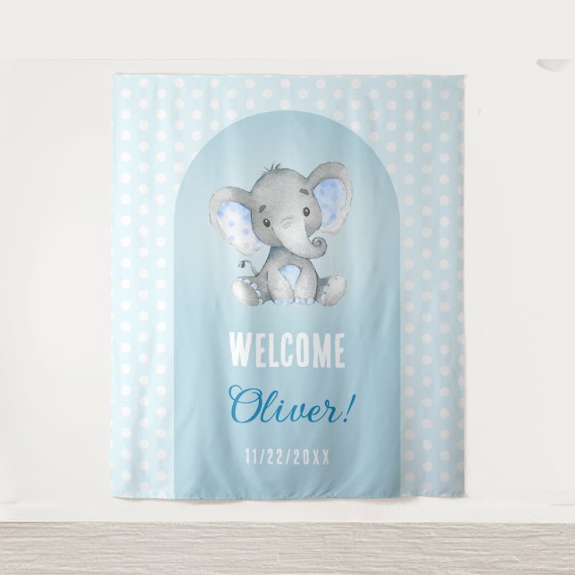 Welcome Baby Boy Blue Elephant Photo Backdrop (Front)
