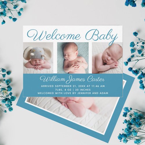 Welcome Baby Boy Blue Photo Cursive Script Birth Announcement