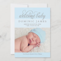 Welcome Baby Boy Elegant Light Blue Photo Birth Announcement