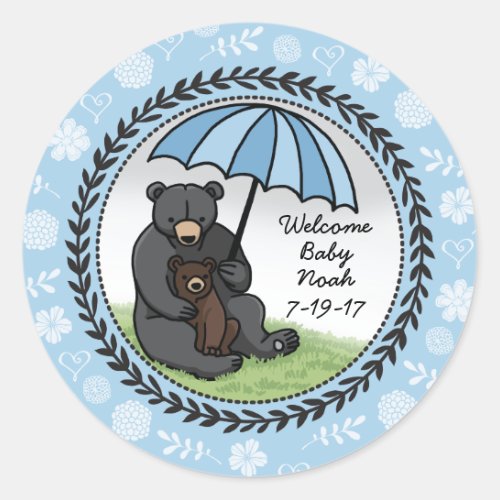 Welcome Baby Boy Mama Bear and Cub Personalized Classic Round Sticker