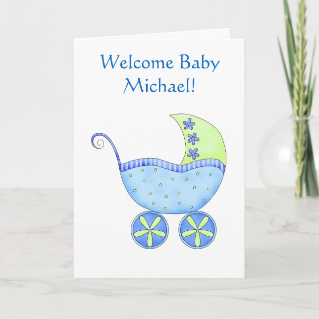 Welcome Baby Boy Name Personalized Blue Buggy Card (Front)