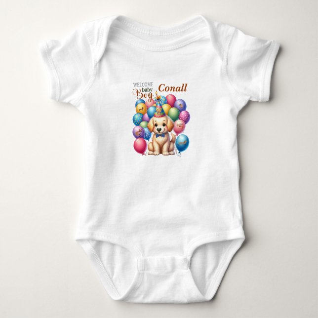 Welcome Baby Boy Puppy Dog and Balloons Design Baby Bodysuit (Front)
