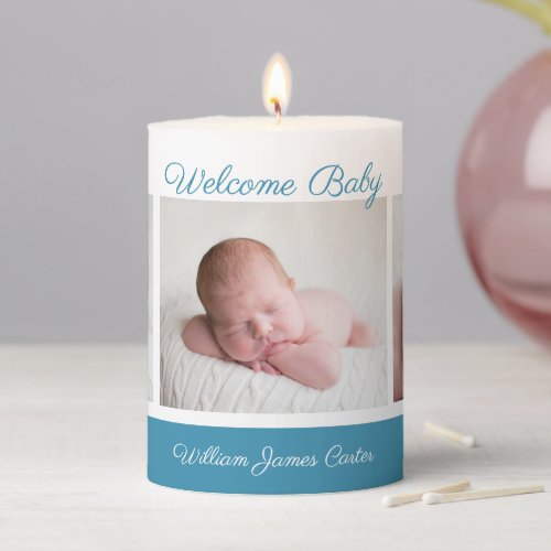 Welcome Baby Boy Simple Blue Newborn Photo Gift Pillar Candle